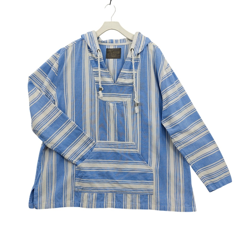 Natural Reflections Womens Coastal Boho Cotton Baja Hoodie 2X Blue White Striped